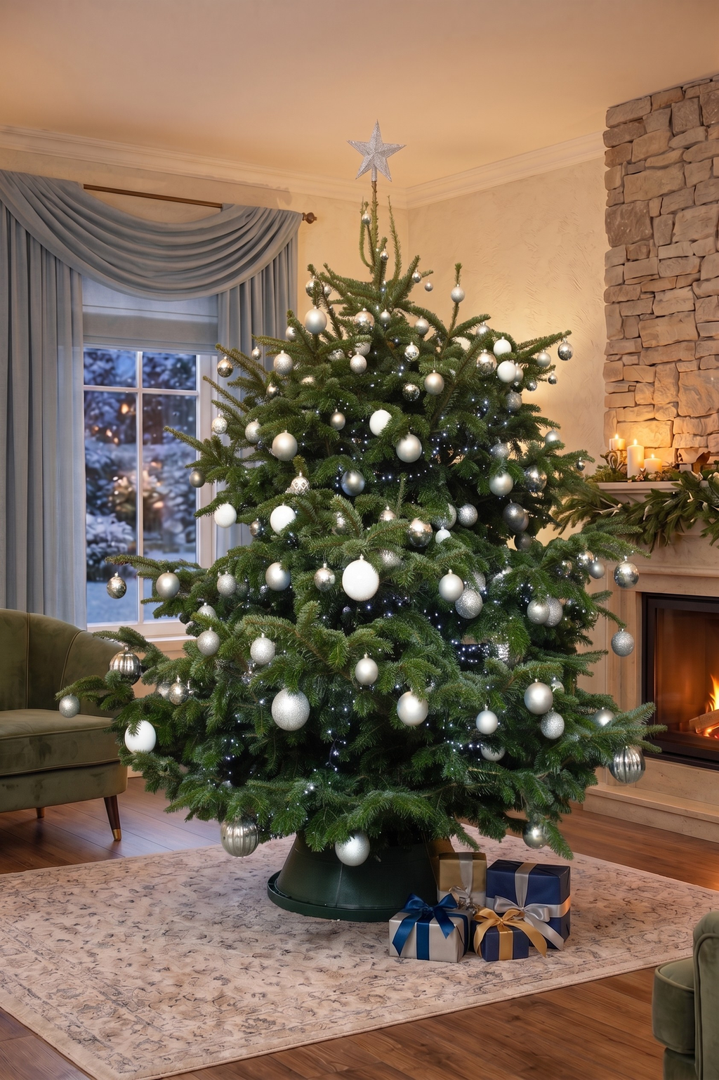 Sapin Argent & Blanc installé dans un salon, lumière froide