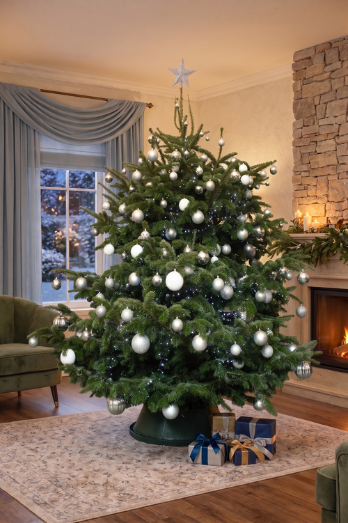 Sapin Argent & Blanc installé dans un salon, lumière froide